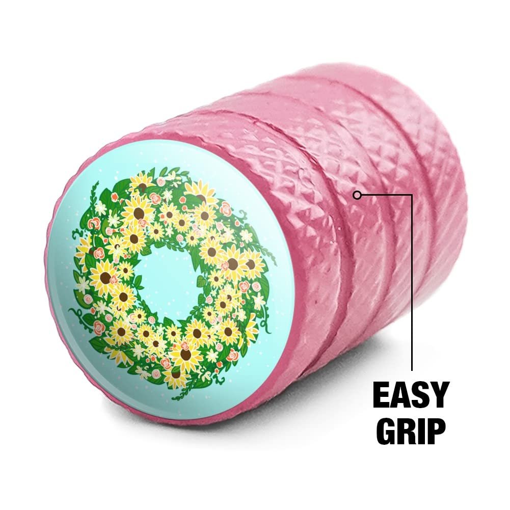 Summer Wreath Sunflowers Aluminum Valve Stem Caps Pink Tire Rim Wheel Air Covers Universal Fit For Cars Trucks Vans 4 Piece Set