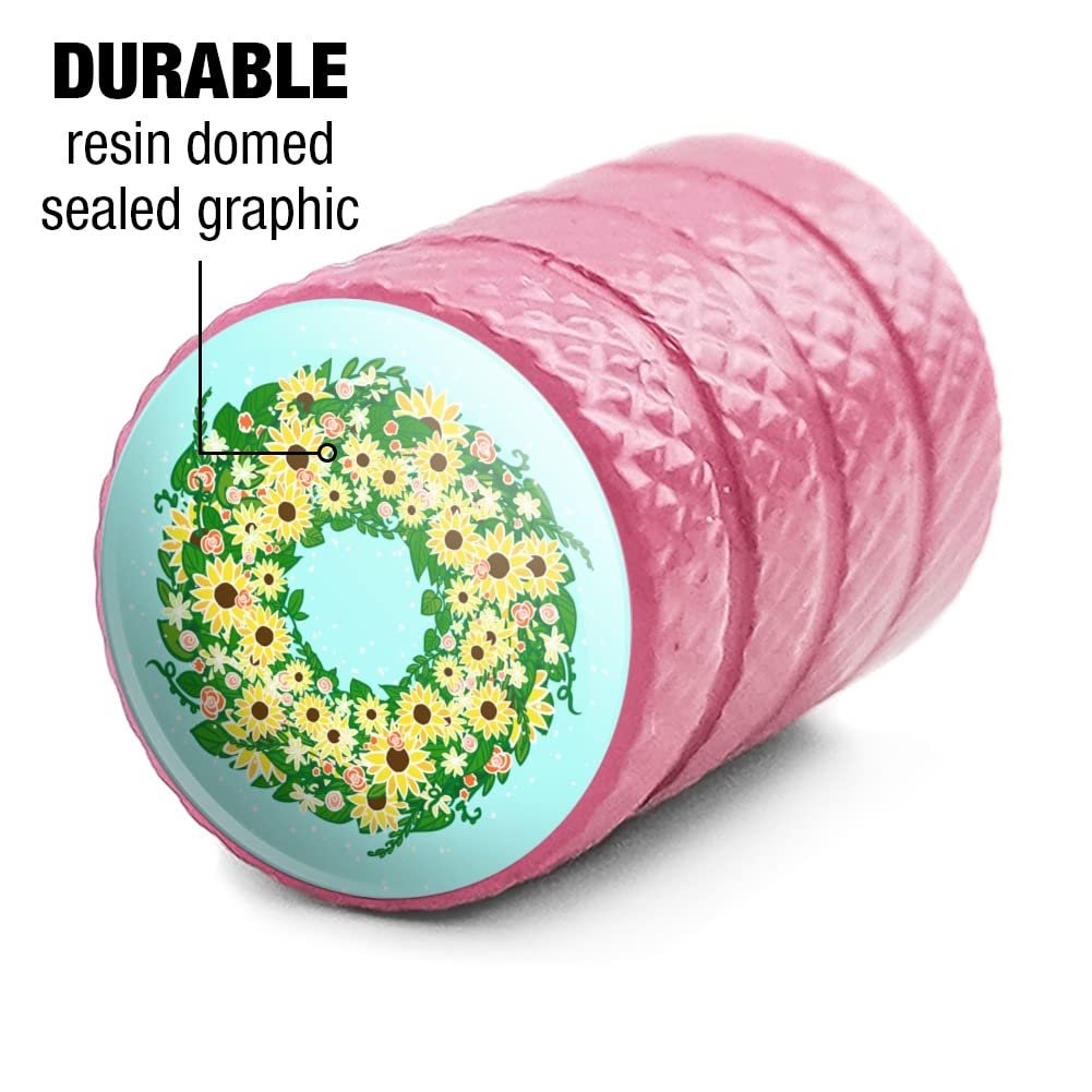 Summer Wreath Sunflowers Aluminum Valve Stem Caps Pink Tire Rim Wheel Air Covers Universal Fit For Cars Trucks Vans 4 Piece Set