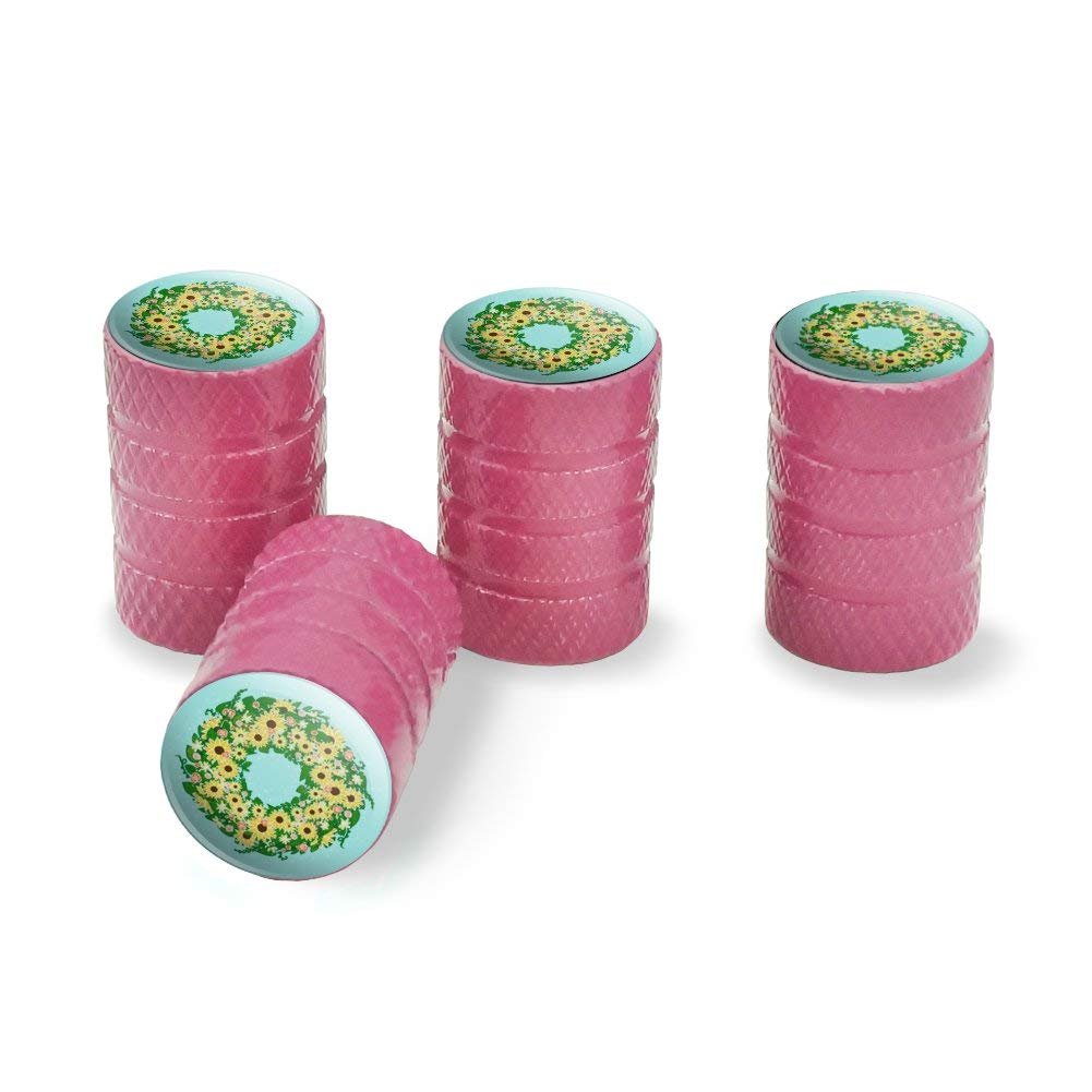 Summer Wreath Sunflowers Aluminum Valve Stem Caps Pink Tire Rim Wheel Air Covers Universal Fit For Cars Trucks Vans 4 Piece Set