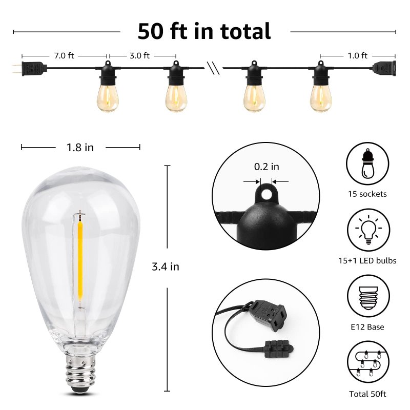 Lepro S14 Outdoor String Lights 50ft Hanging Patio With 15 Shatterproof Led Edison Bulbs Waterproof Bistro Backyard Lighting