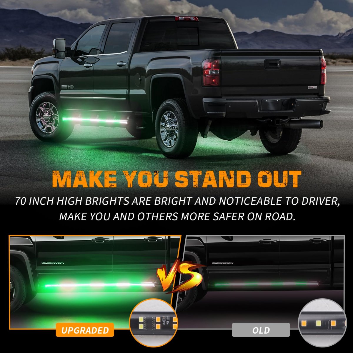 2 Pcs 70 In Truck Emergency Lights Strip 864 Led Green White Running Board Strobe Light Bar Waterproof Flashing Warning Safety