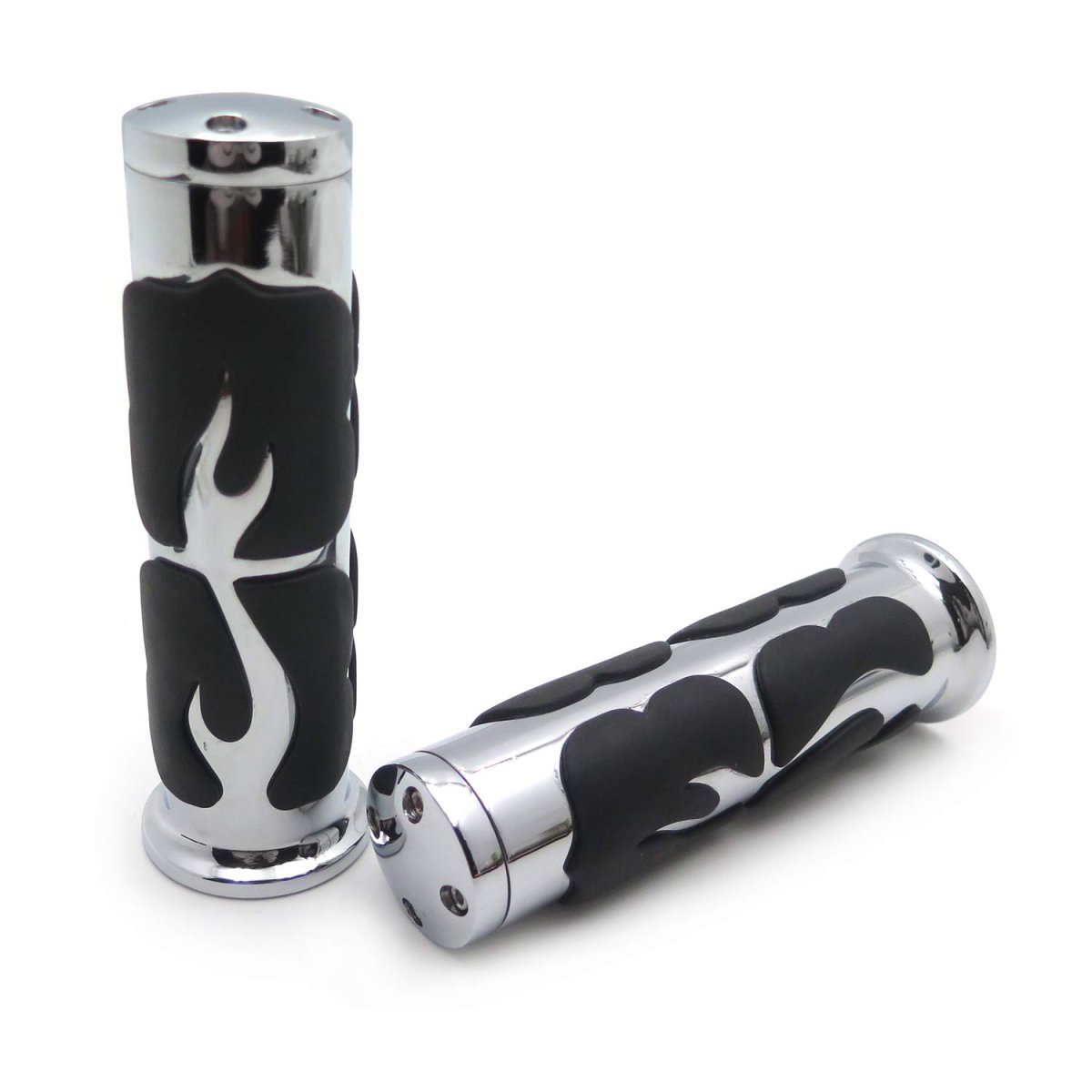 Flame Style Billet Aluminum Rubber Hand Grips For 1 In Handlebars Chrome And Black Motorcycle