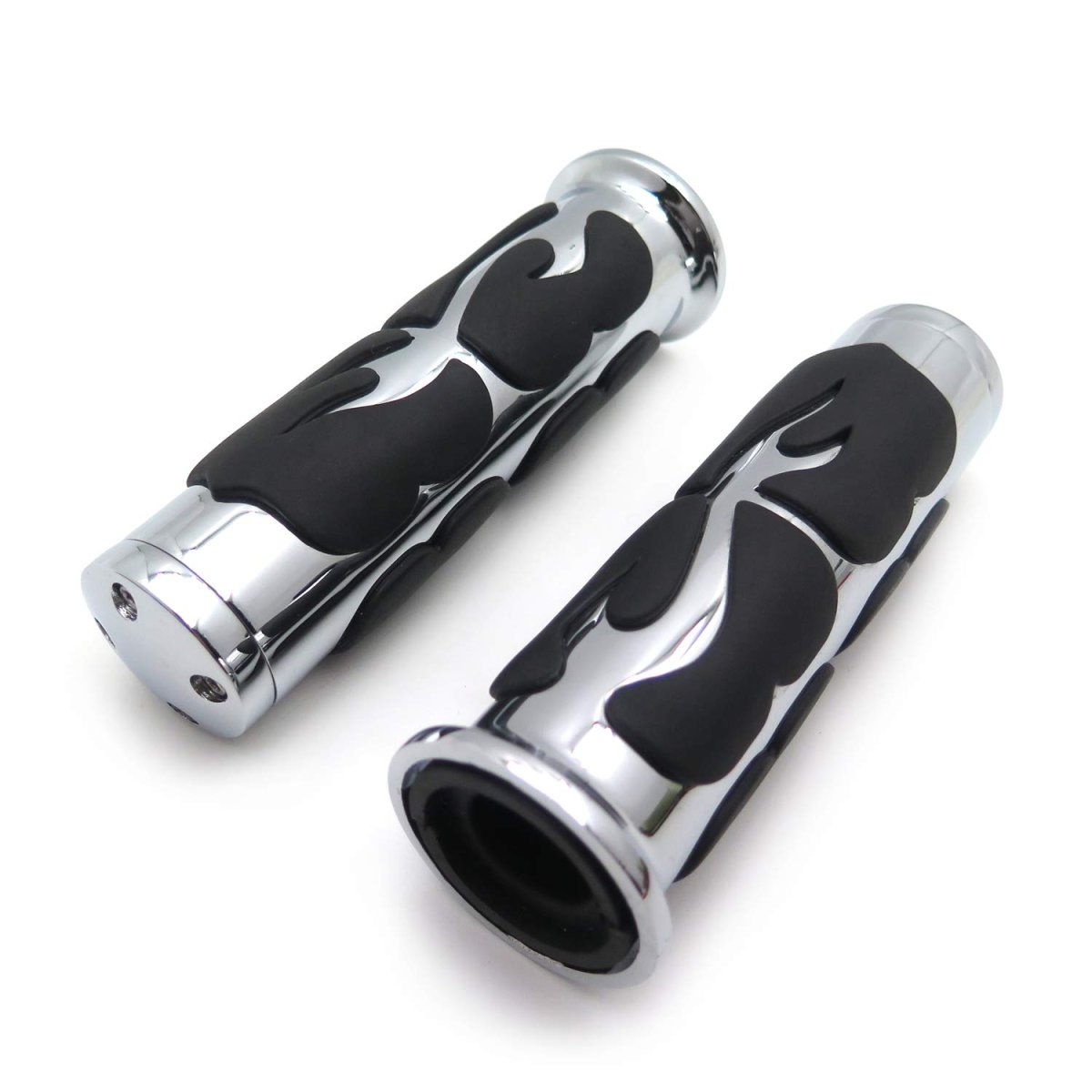 Flame Style Billet Aluminum Rubber Hand Grips For 1 In Handlebars Chrome And Black Motorcycle