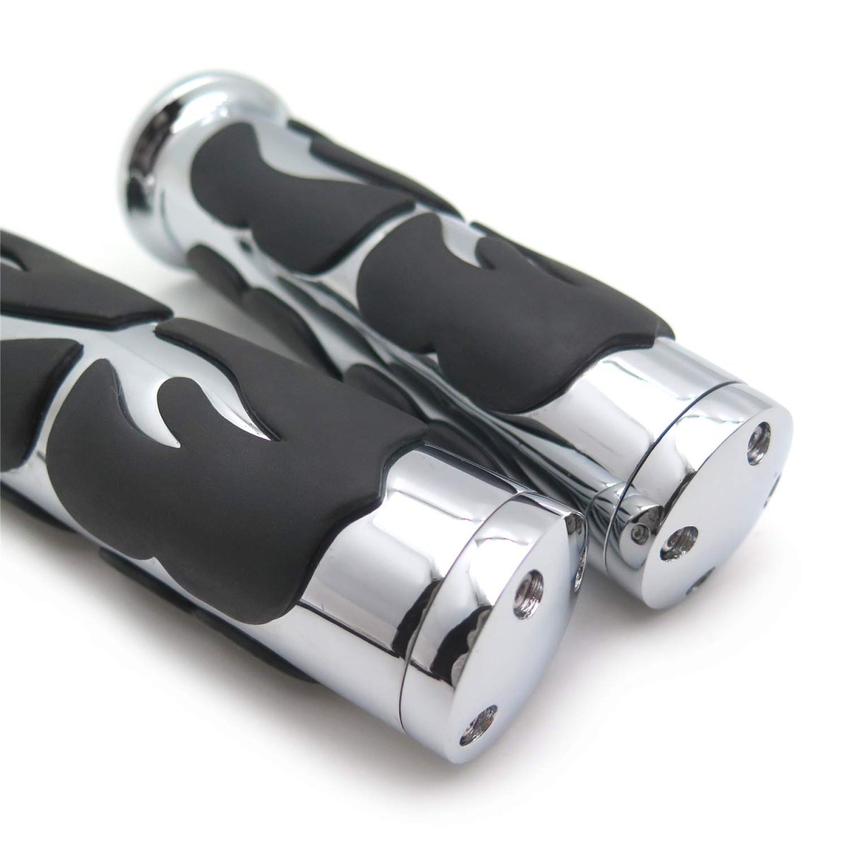 Flame Style Billet Aluminum Rubber Hand Grips For 1 In Handlebars Chrome And Black Motorcycle