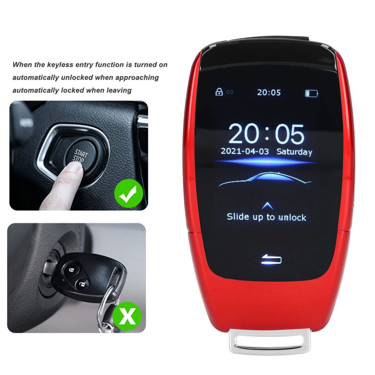 Car Keyless Entry Smart Remote Key With 2inch Lcd Touch Screen For Start Stop Engine Button Window Lift Function Side Keys Red