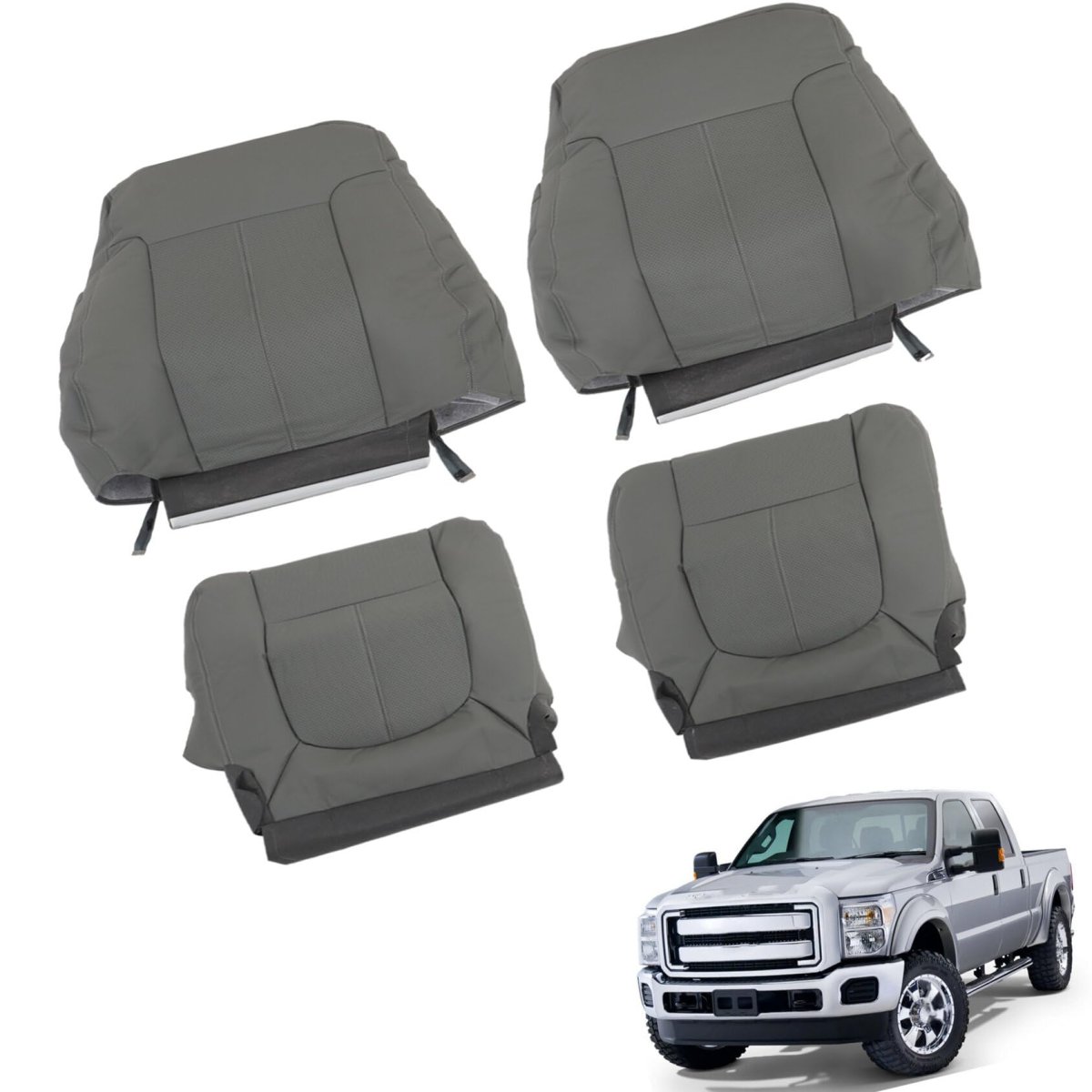 4pcs Seat Cover Front Bottom Top Leather Gray Replacement For 2011-2016 F250 F350 F450 F550 Laria