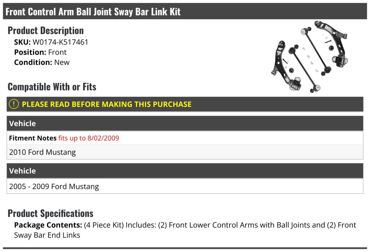 Front Lower Control Arm Ball Joint And Sway Bar Link Kit 4-piece For 2005-2010 Ford Mustang Fits Up To 8 02 2009 Vehicle