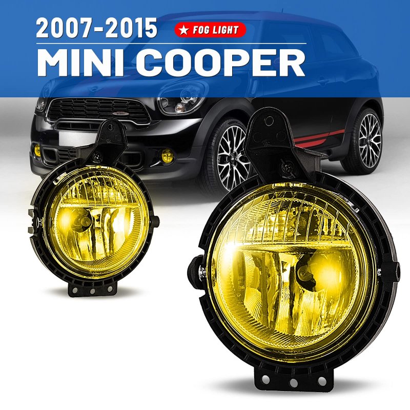 Amber Yellow Fog Light Assembly For Mini Cooper 2007 To 2015 Driver And Passenger Side Replacement Lamps With H8 Bulbs