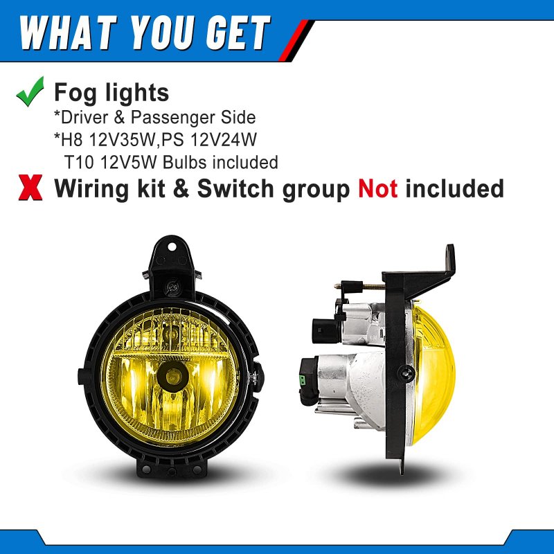 Amber Yellow Fog Light Assembly For Mini Cooper 2007 To 2015 Driver And Passenger Side Replacement Lamps With H8 Bulbs