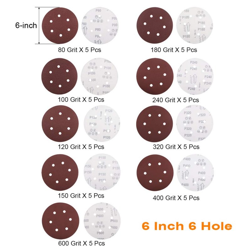 45pcs 6 Inch Hole Hook And Loop Sanding Discs Set 80 100 120 150 180 240 320 400 600 Grit Aluminum Oxide Sandpaper