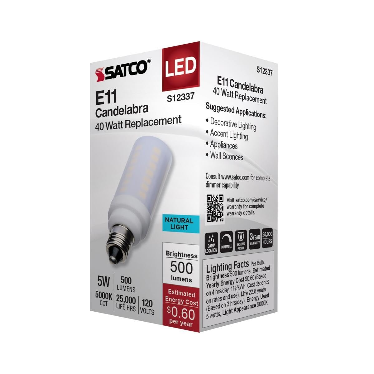 Satco 5w T6 Led Mini Candelabra Bulb Frost Finish 5000k Natural Light 120 Volt Residential Commercial Indoor Enclosed Fixtures