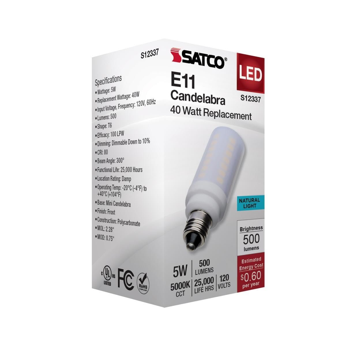 Satco 5w T6 Led Mini Candelabra Bulb Frost Finish 5000k Natural Light 120 Volt Residential Commercial Indoor Enclosed Fixtures