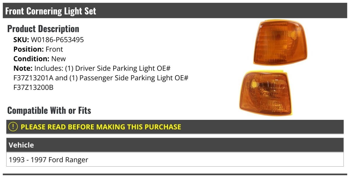 Front Cornering Parking Light Set Of 2 For 1993-1997 Ford Ranger