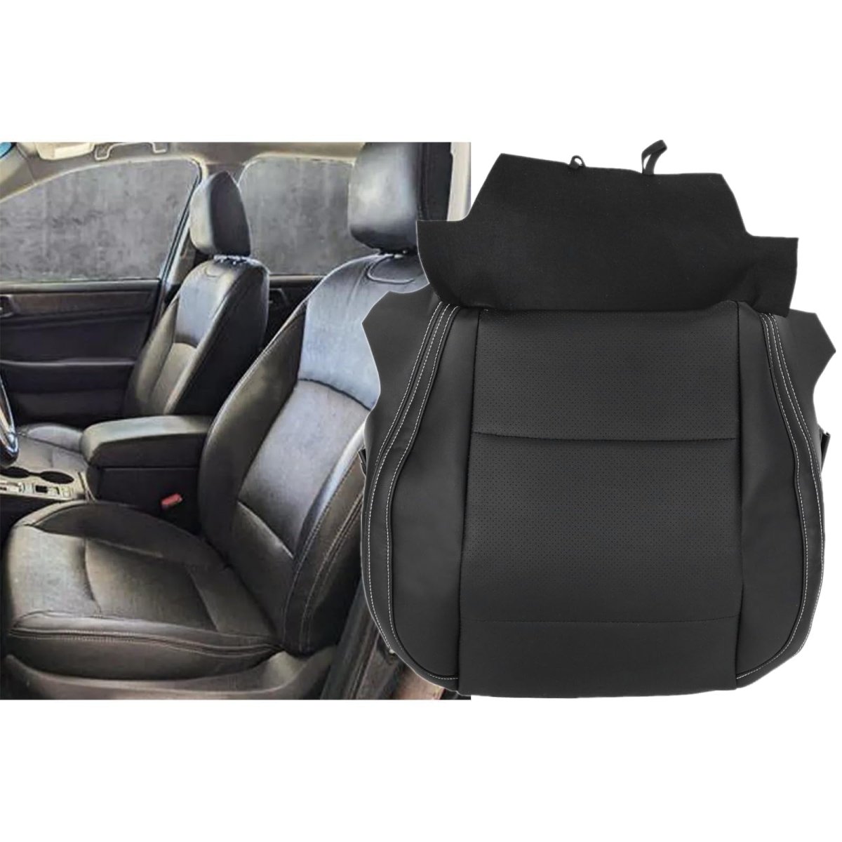 Driver Side Bottom And Top Lean Back Perforated Leather Seat Cover Black For Outback 2015 2016 2017 2018 2019 White Stitching