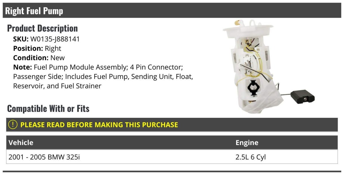 Right Passenger Side Fuel Pump 4-pin Connector For 2001-2005 Bmw 325i 2 5l 6-cylinder
