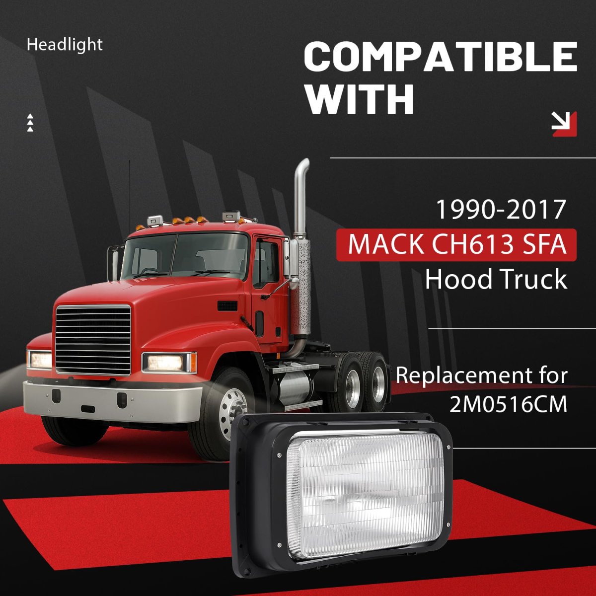 Headlight For 1990-2017 Mack Ch613 Sfa Hood Truck Replacement 2m0516cm Halogen Headlamp With Bulb And Clear Lens Front Light