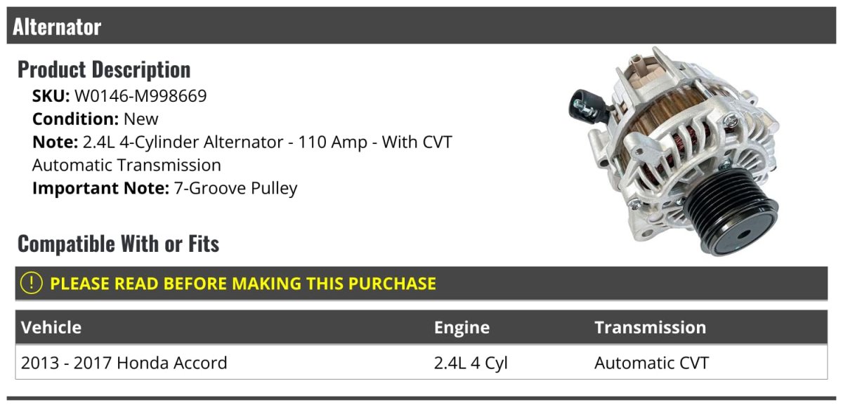 Alternator 110 Amp With 7-groove Pulley For 2013-2017 Honda Accord 2 4l 4-cylinder With Cvt Automatic Transmission