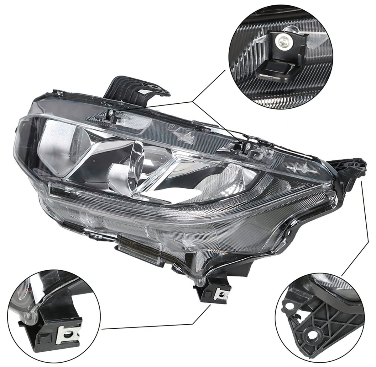 Headlight Assembly Driver Side Chrome Projector Replacement For C-ivic 2016 2017 2018 Halogen