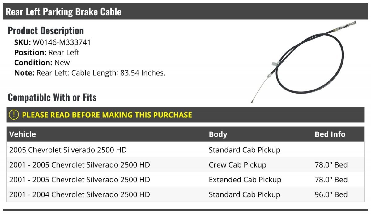 Rear Left Driver Side Parking Brake Cable 83 54 In For 2001 To 2005 Chevy Silverado 2500 Hd