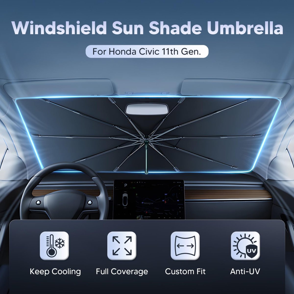 Windshield Sun Shade Umbrella For 2022 2023 2024 2025 2026 Honda Civic Ice Crystal Material Carshade 100 Percent Sun Blocking