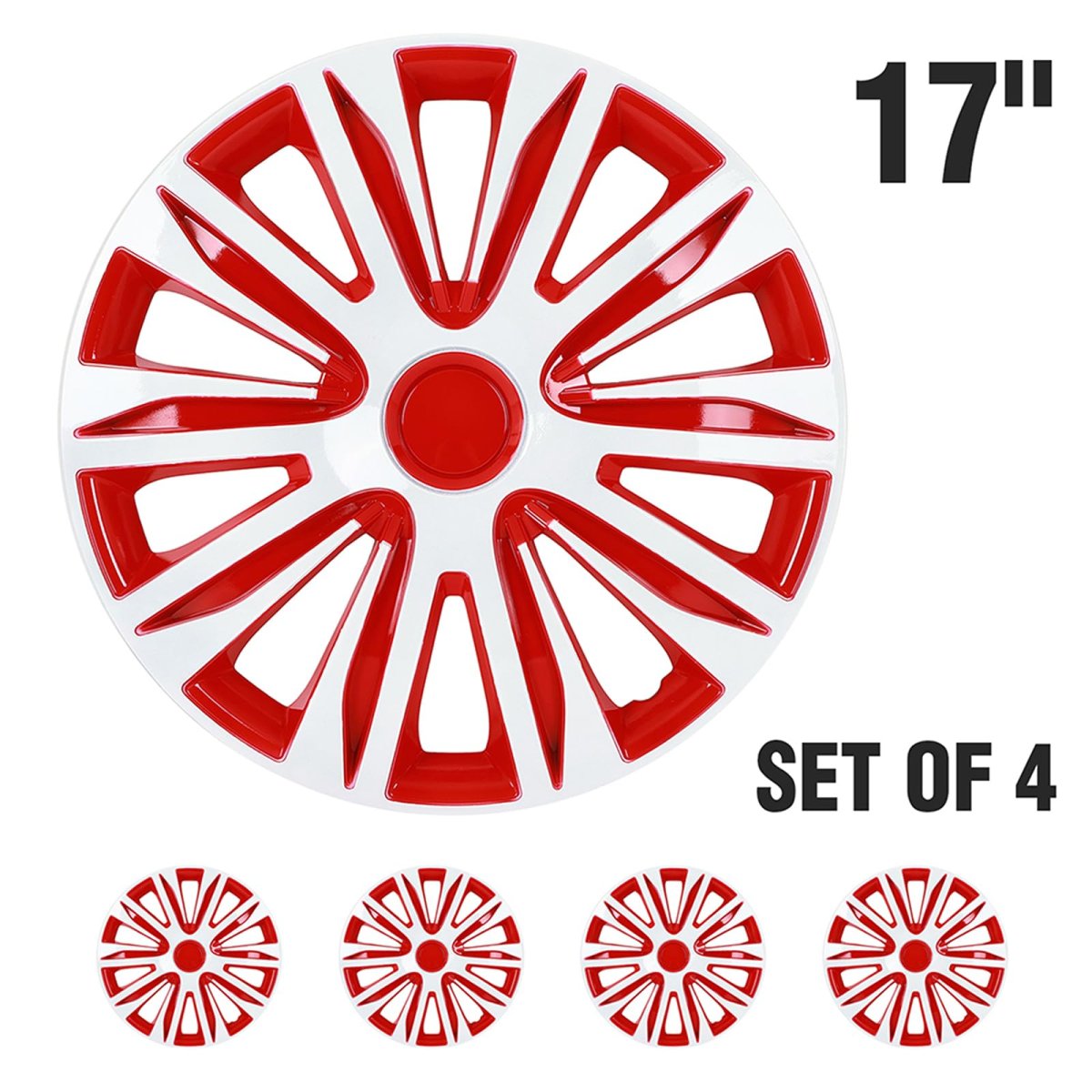 Universal 17 In Full Hubcap Wheel Covers Set Of 4 White And Red Abs Pc Rim Skins Adjustable Retention System For Most Vehicle