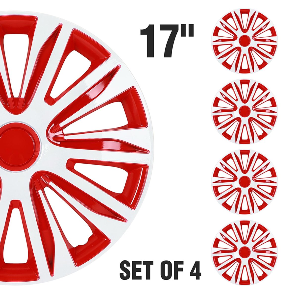 Universal 17 In Full Hubcap Wheel Covers Set Of 4 White And Red Abs Pc Rim Skins Adjustable Retention System For Most Vehicle