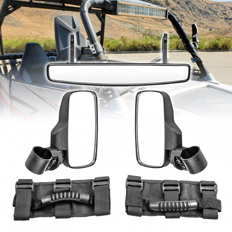 Utv Center And Side View Mirror Kit With Grab Handles For 1 5 To 2 In Roll Bar Cage Fits Can Am Maverick Commander Honda Talon