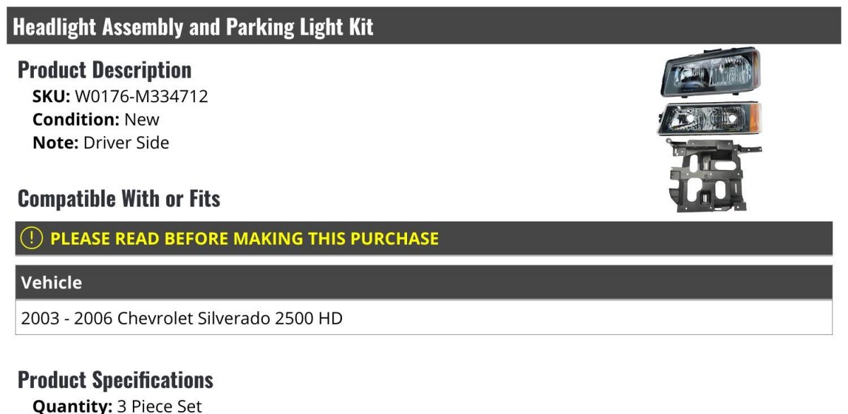 Headlight Assembly And Parking Light Kit 3 Piece For 2003-2006 Chevy Silverado 2500 Hd