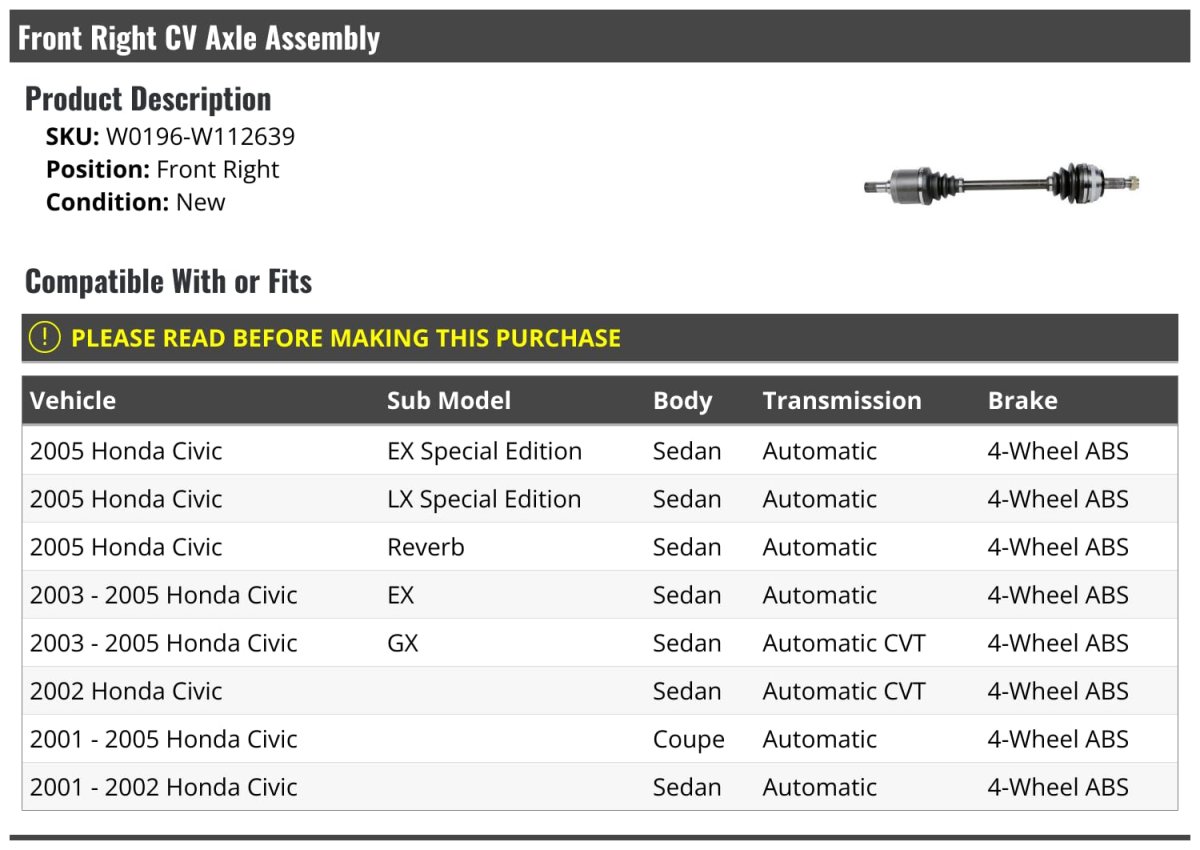 Front Right Passenger Side Cv Axle Assembly For 2001-2005 Honda Civic With 4-wheel Abs With Automatic Transmission