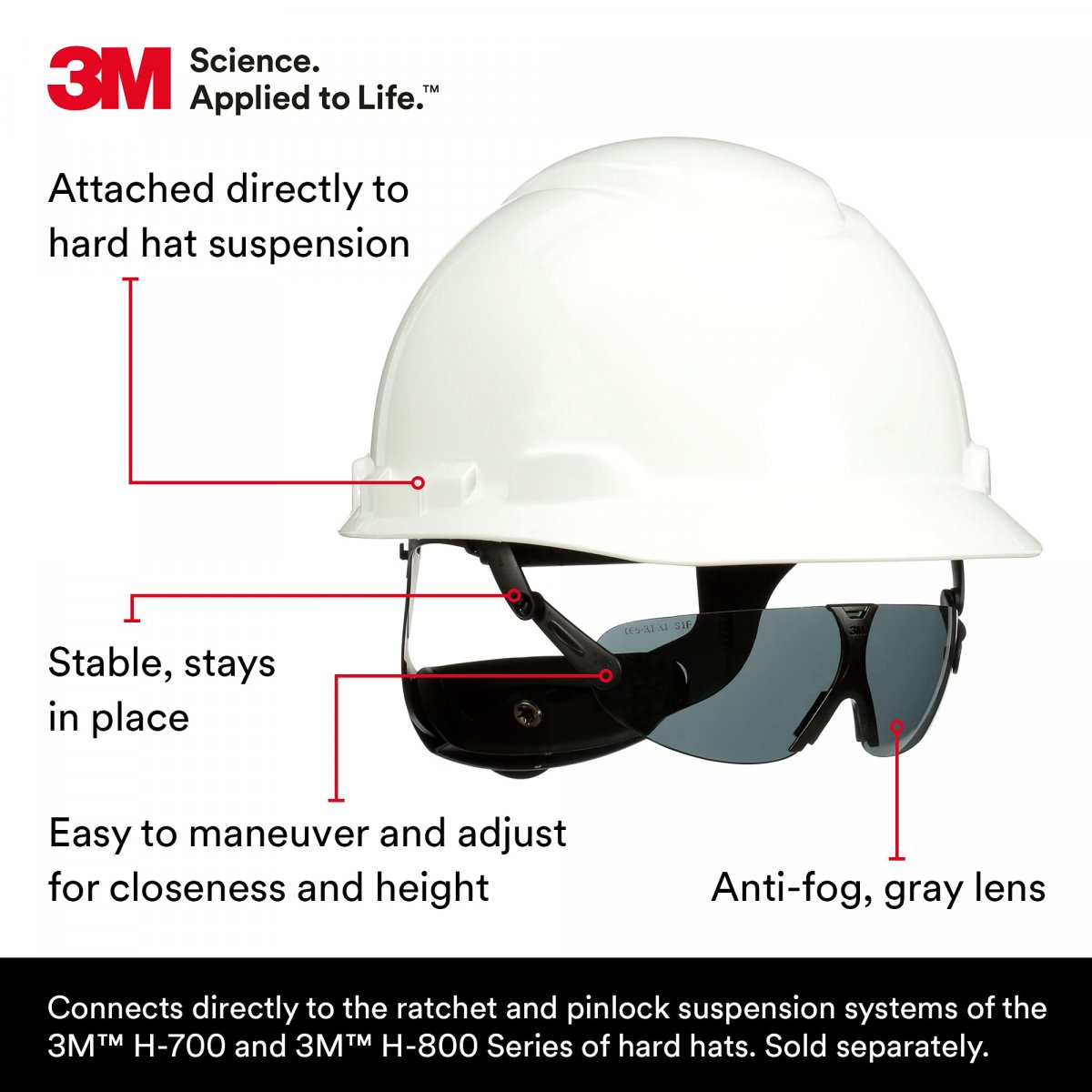 3m Safety Glasses Ansi Z87 Anti-fog Gray Lens Attaches To Hard Hat Suspension
