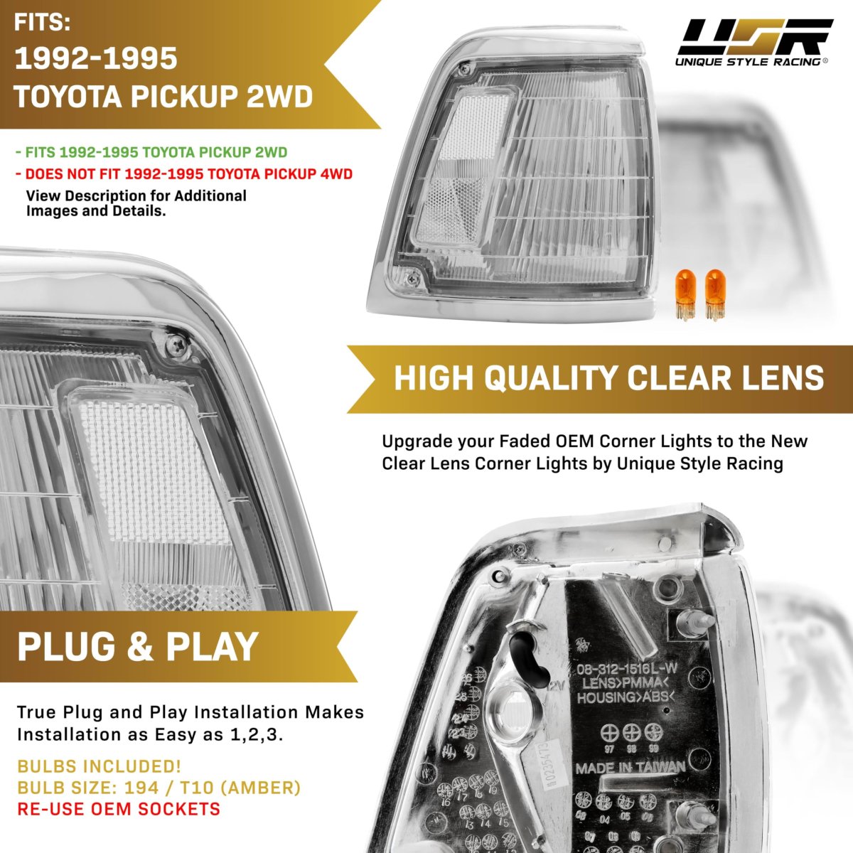 Front Corner Parking Lamps For 1992-1995 Toyota Pickup Truck 2wd Us Spec Clear Lens Left And Right Pair With Bulbs Ln100