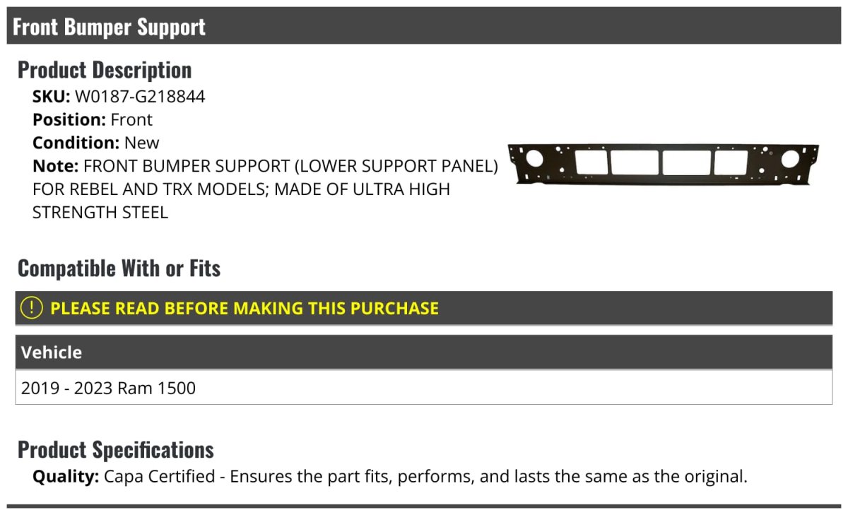 Front Bumper Lower Support Panel For 2019-2023 Ram 1500 For Rebel And Trx Models Only