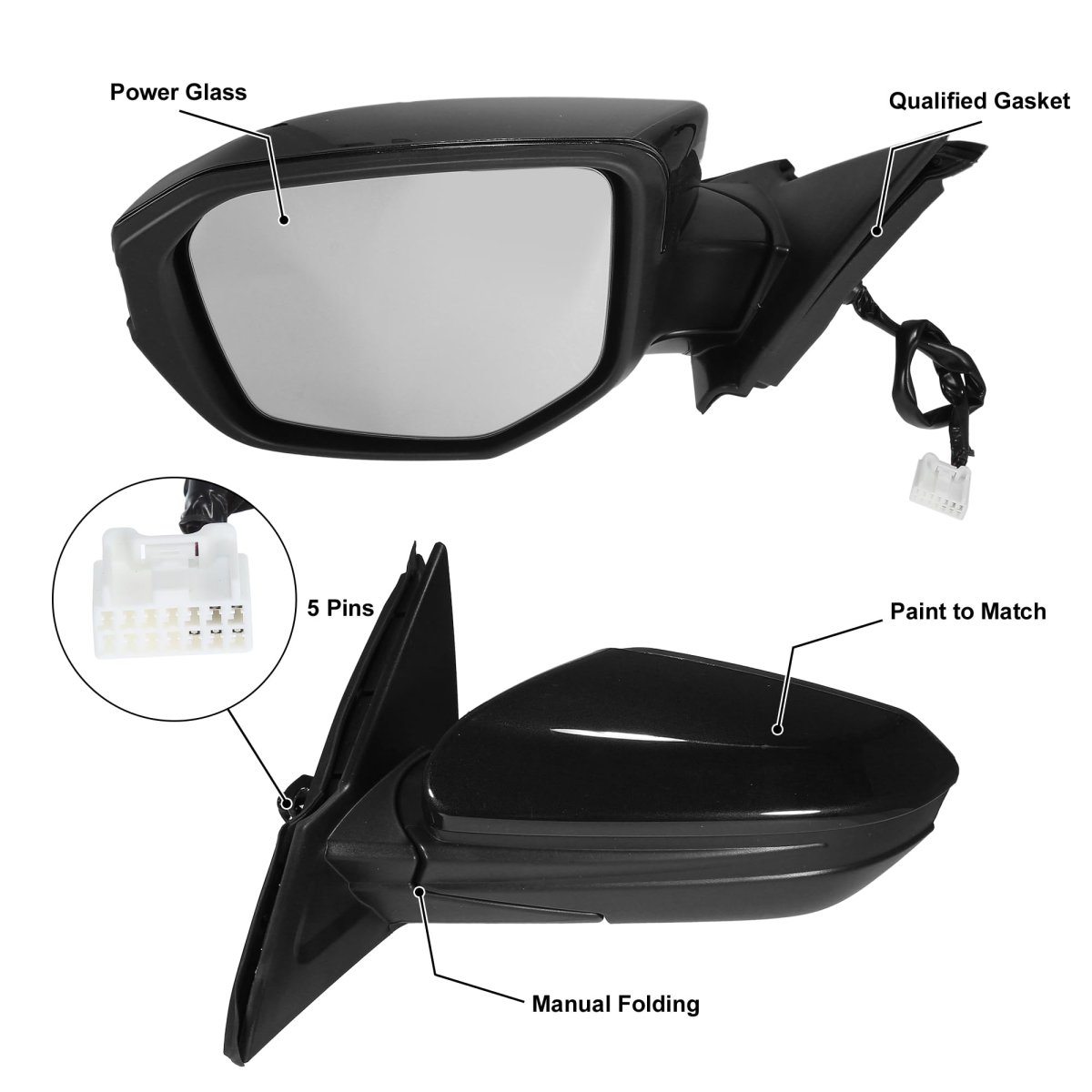 Left Driver Side Door Mirror Assembly For Honda Civic 2016 2021 Us Built Models Power Glass Heated Manual Folding 5 Pins Black
