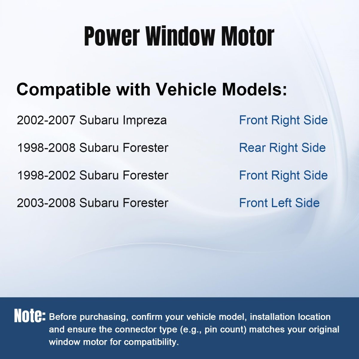 Power Window Lift Motor For 1998 To 2008 Subaru Forester And 2002 2007 Impreza Passenger Right Side Front Or Rear 2 Pin Plug