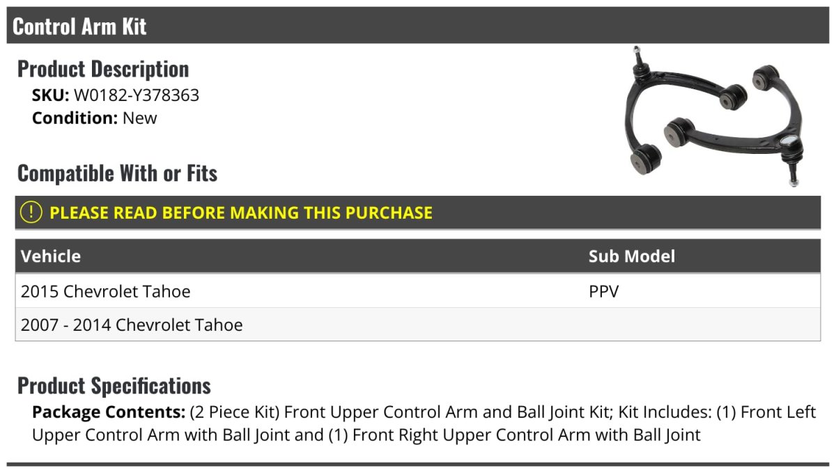 Front Upper Control Arm Kit With Ball Joints For 2007 2014 Chevy Tahoe And 2015 Ppv Left Right Pair W0182-y378363