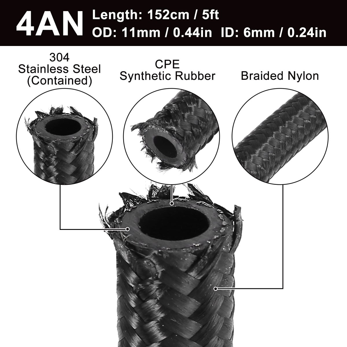 5ft 4an Fuel Hose An4 1 4 Universal Braided Nylon Stainless Steel Cpe Oil Gas Line Black