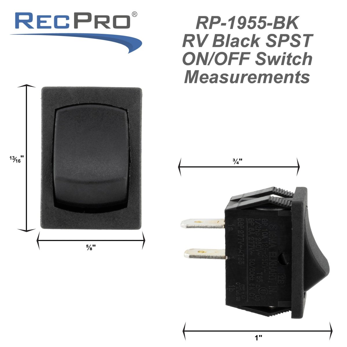 Recpro Rv Single Pole Throw Rocker Switch 20a 12v Dc Mini On Off Spst Black