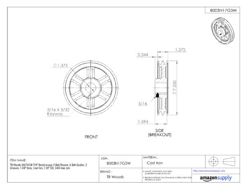 Tb Woods 2ak74138 Fhp Bored-to-size V-belt Sheave A Belt Section 2 Grooves 1-3 8 Bore Cast Iron 7 25 Od 3450 Max Rpm
