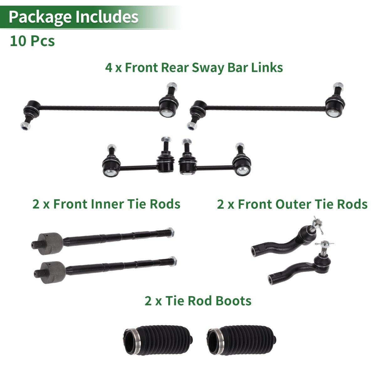 10pcs Front Suspension Kit Inner Outer Tie Rod End Sway Bar Link With Boots For Scion Tc 2005-2010 No K80230 K750009 Es3654