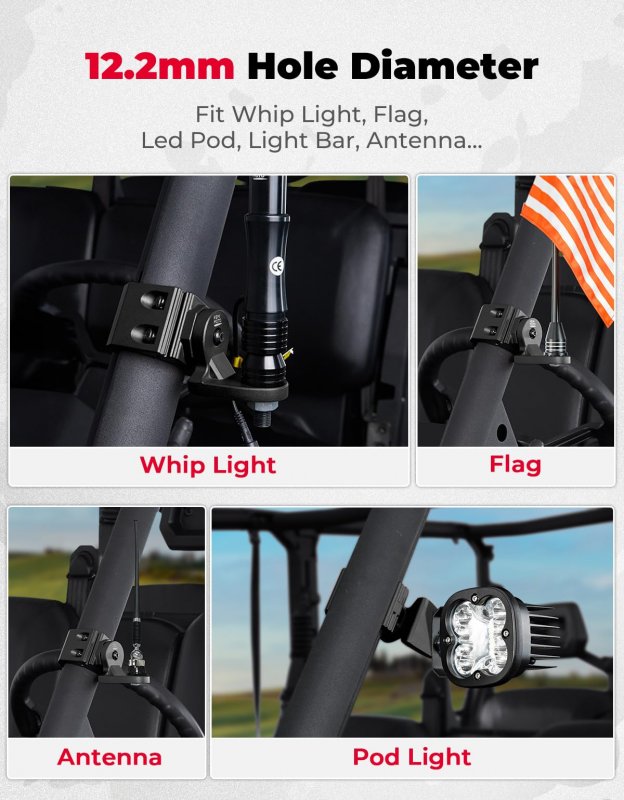 2pcs Utv Whip Light Mounts Flag Pole Bar Brackets Cb Antenna For Polaris Ranger General Can-am Defender Commander Maverick