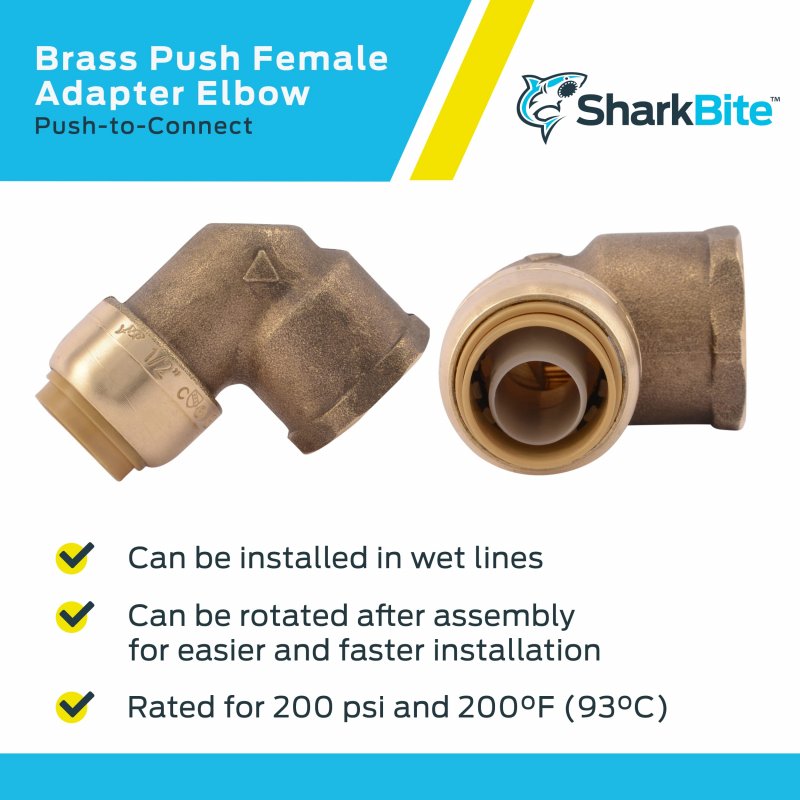 Sharkbite 1 2 Inch X 90 Degree Female Adapter Elbow Push To Connect Brass Plumbing Fitting Pex Pipe Copper Cpvc Pe-rt Hdpe