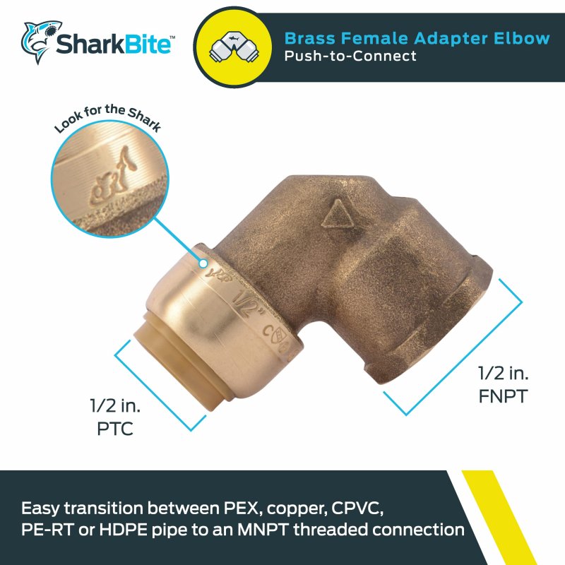 Sharkbite 1 2 Inch X 90 Degree Female Adapter Elbow Push To Connect Brass Plumbing Fitting Pex Pipe Copper Cpvc Pe-rt Hdpe