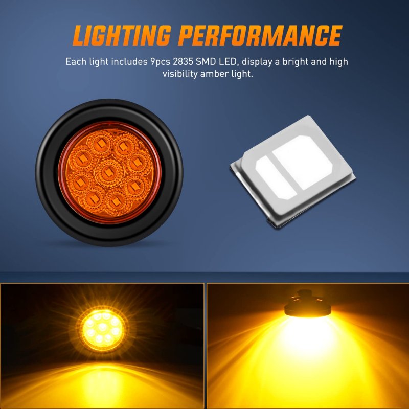 Nilight 2inch Round Marker Light 2pcs Amber 9led Led Clearance Flush Mount With Plug Grommet Pigtail Hardwired For 12v Truck