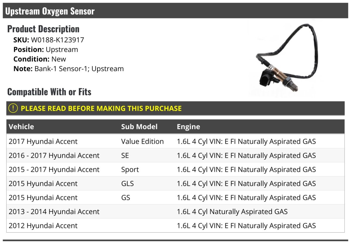 Upstream O2 Oxygen Sensor For 2012-2017 Hyundai Accent