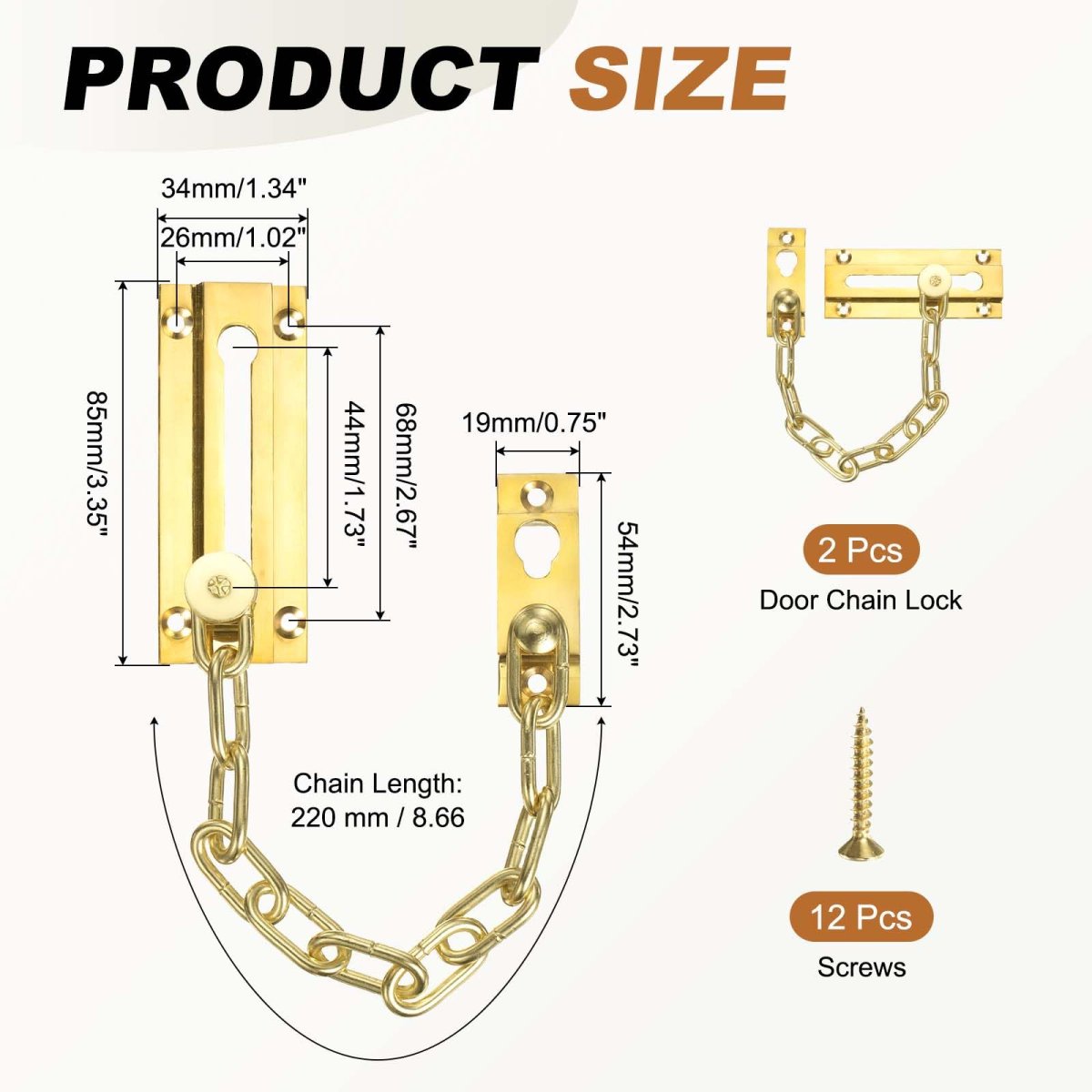 2 Pcs Door Chain Lock Security Guard With Screw Heavy Duty For Home Office Hotel Apartment Inside Brass Tone