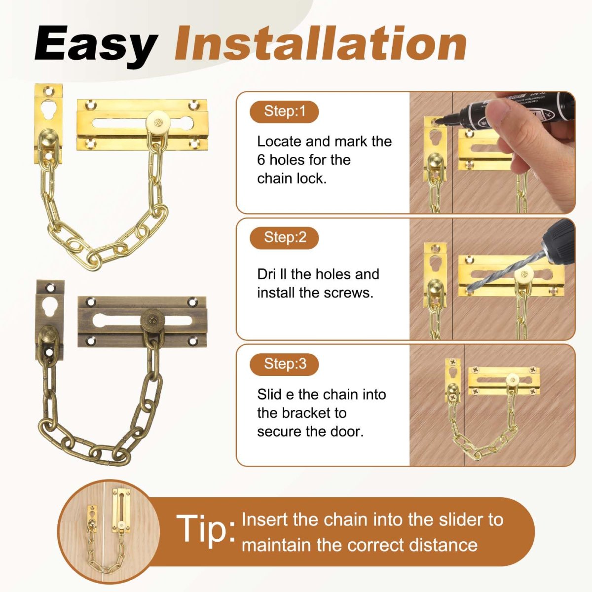 2 Pcs Door Chain Lock Security Guard With Screw Heavy Duty For Home Office Hotel Apartment Inside Brass Tone