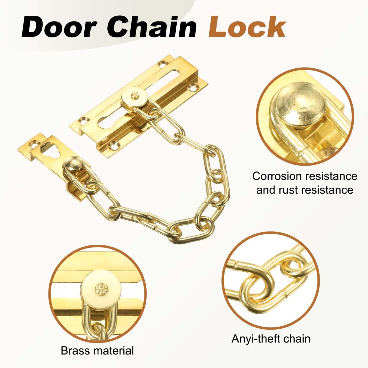 2 Pcs Door Chain Lock Security Guard With Screw Heavy Duty For Home Office Hotel Apartment Inside Brass Tone