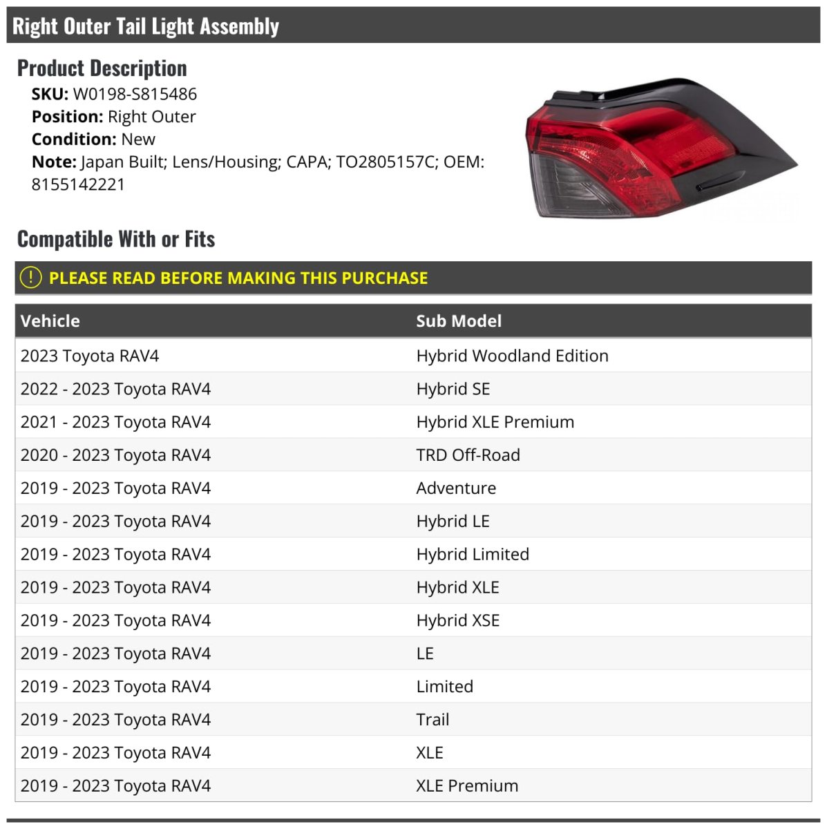 Right Passenger Side Outer Tail Light Assembly For 2019 2023 Toyota Rav4 Japan Built Models Red Plastic Lens And Housing