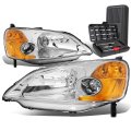 Auto Dynasty Chrome Housing Amber Corner Headlight Head Lamps Tool Kit For Honda Civic 01-03 