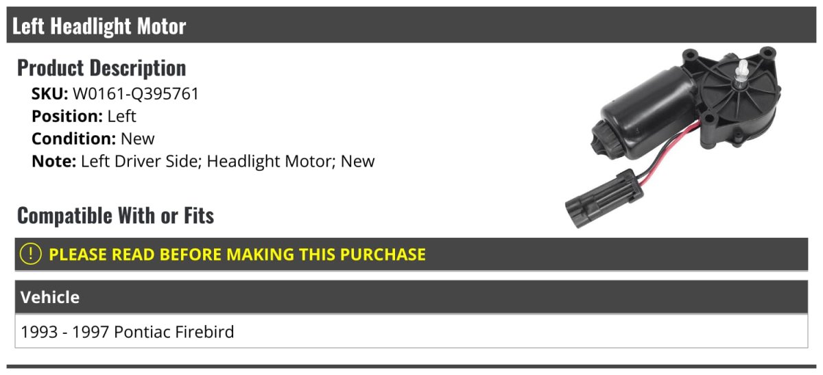 Left Driver Side Headlight Motor For 1993-1997 Pontiac Firebird